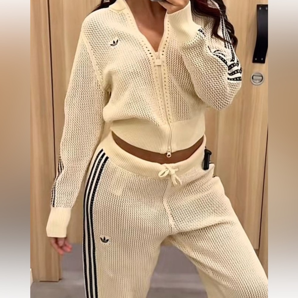 adidas Cream crochet  Track set  with Black Stripes